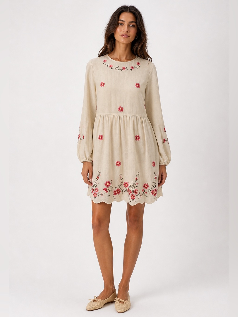 Caroline Constas Floral Embroidered Babydoll Dress Cream Pink S NWT